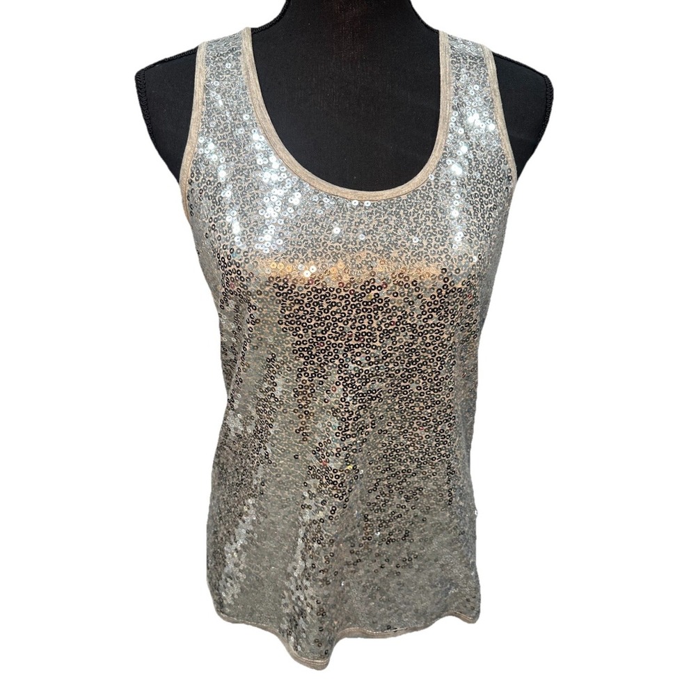 Pink Rose Tank Top Women's Size Large Gray Sequins Sleeveless Summer Y2K